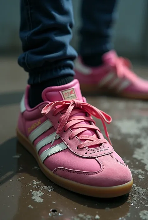 Create a bullet hole in Messi's pink Adidas Samba sneakers on that model