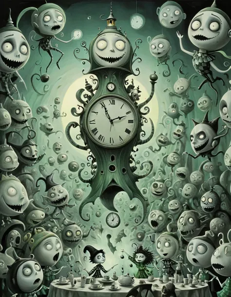  black and white (Pencil sketch:1.1), Tim Burton style の館の迷宮のような廊下の中で,  have a clock with faces and hands hanging on the wall ,  each depicts a different time period in a surreal world . Eccentric residents unfold like ,  wear dazzling geometric costumes ,...