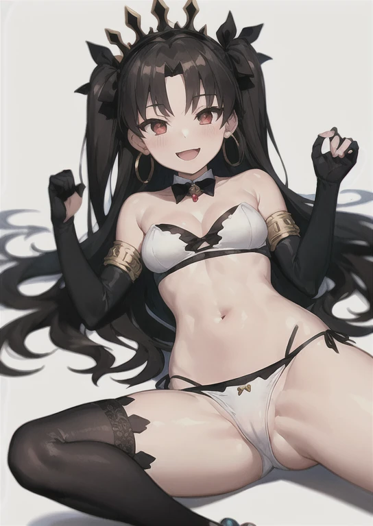 1girl, :d, ishtar \(fate\),stomach focus,toe,feet, anklet, armlet, single detached sleeve, single elbow glove, single sleeve, single thighhigh, bangs, bare shoulders, bikini, black bikini, black bow, black hair, black panties, black ribbon, black sleeves, ...