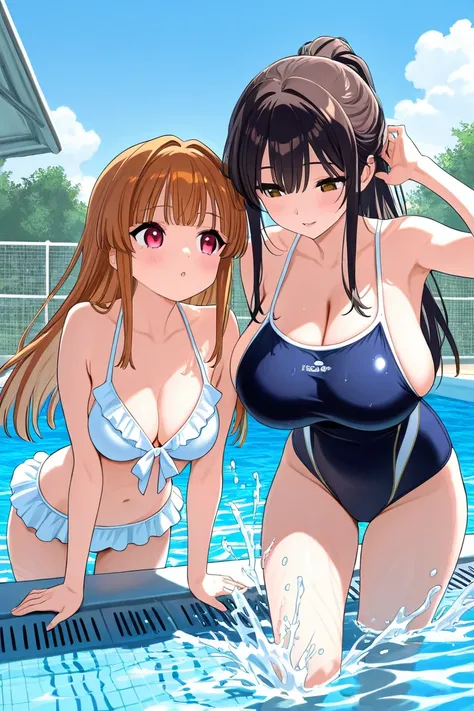 Ning々and Suzuka　Ning々Is a petite, long girl, big boobs in a swimsuit, black hair, big boobs　Suzuka has brown hair, is a girl in a swimsuit, two girls are playing in the pool, they are splashing water on each other and they are bright