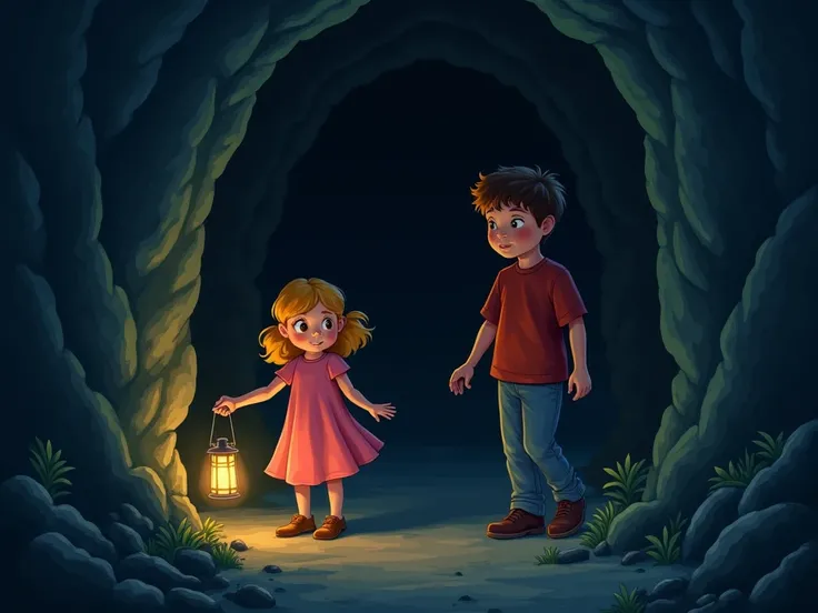 Lena and Max enter the entrance of a dark, mysterious cave. The  girl in her pink frock leads the way, holding a small lantern. Max, wearing a red shirt and blue half-jeans, follows closely behind her, both their expressions filled with curiosity and a bit...