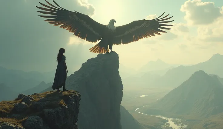 A dreamlike vision of Jael standing on a high rock, a massive eagle soaring above her, the landscape below representing both war and peace, symbolizing the transition she brings."
