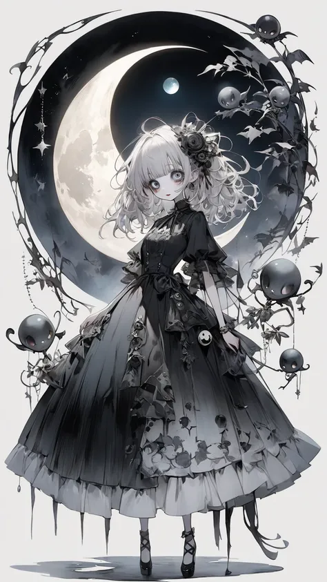    Tim Burton's style、 transparent moon, Strange person,