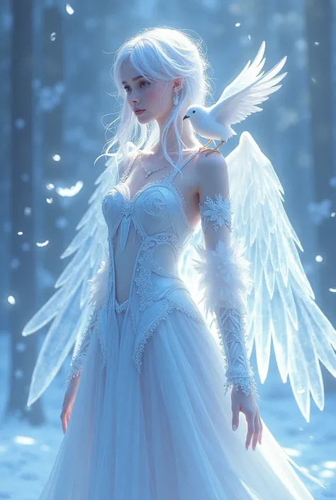 there is a girl in a dress with a bird on her shoulder, a raytraced image inspired by Yuki Ogura, pixiv, rococo, ice crystal armor, with bloom ethereal effects, white glowing aura, astral fairy, sliver ice color reflected armor, ethereal essence, ethereal ...