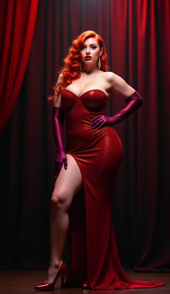 A mesmerizingly seductive and voluptuous woman with cascading, fiery red hair stands confidently on a dimly lit stage. Her body is curvaceous and sensual, wrapped in a dazzling, form-fitting red dress that clings to her every curve. The dress sparkles with...