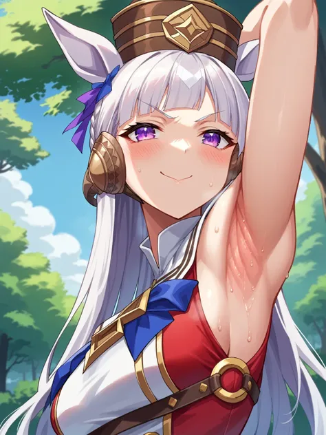 score_9, score_8_up, score_7_up, source_anime, anime screencap, 1girl, solo, gold ship umamusume, purple eyes, white hair, long hair, bangs, animal ear, red clothes, little hat, sleeveless ,arm up, raised arm, armpit, looking at viewer, head towards viewer...