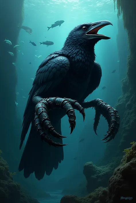 A crow with lobster claws and a shell-like body for underwater exploration.