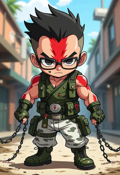 1 men, simple chibi anime style, spiked short hair, red and white war paint make up, wearing tactical green, skull accesories, wearing black glasses, white camo pants, green shoes, angry, streetwear, holding chains