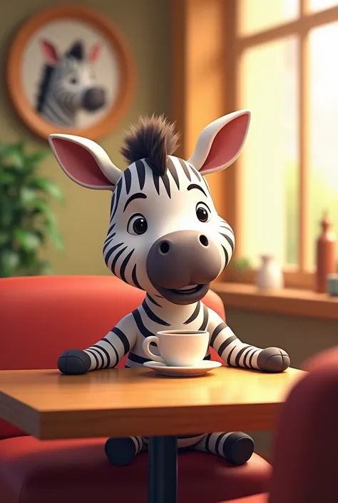 Cute animated zebra sitting in a cafe that has the logo of a feeder with a zebra son drinking coffee 