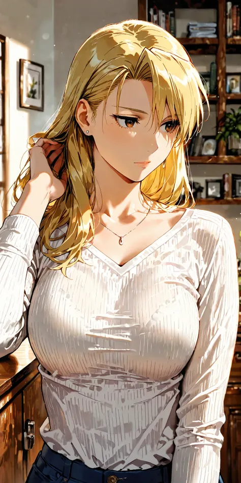 Masterpiece, mature woman, riza hawkeye, slim, upper body, long sleeve shirt, ultra detailed, highres, absurdres, home, portrait, semi realistic