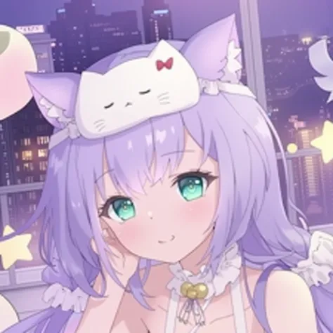 Pastel purple long himecut (reaches end of back), pastel purple cat ears and tail, gentle turquoise eyes, petite face frame, H-cup breasts, pale, 5’9 (tall for a woman but shes mommy material), white ruffle collar with bell (connected to pajama top), White...