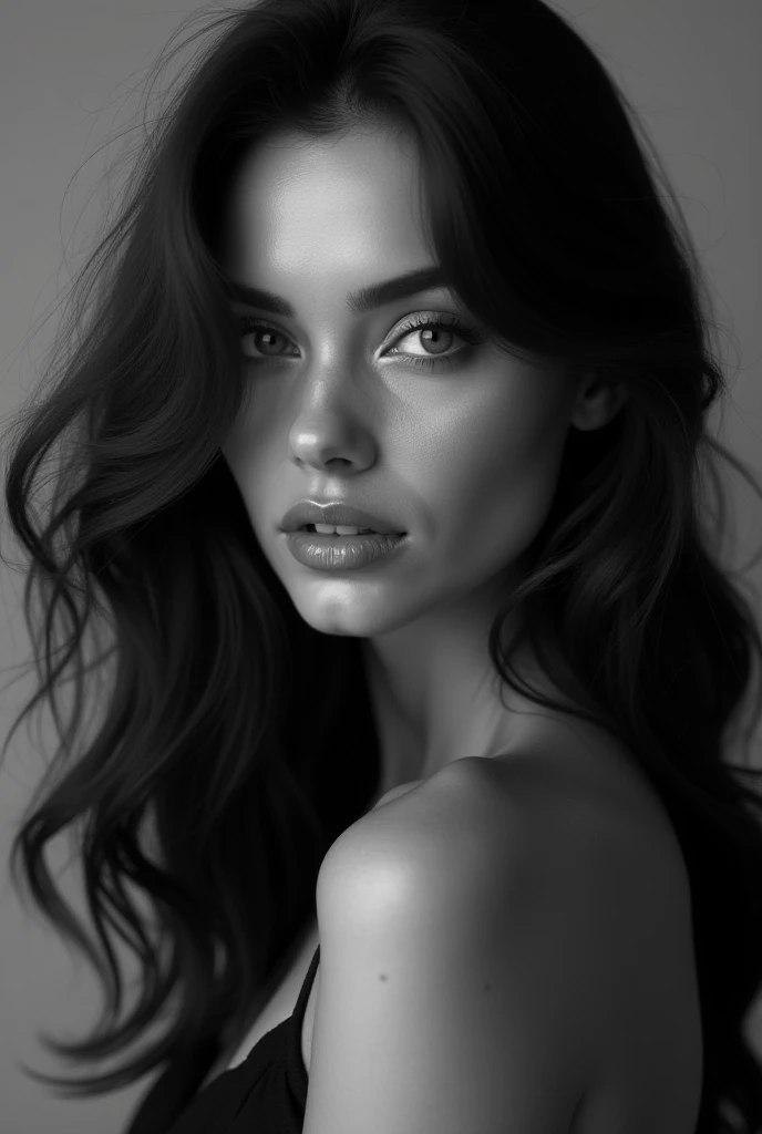  Create a beautiful woman with long hair in a photo shoot,  black and white photo ,  extremely realistic,  masterpiece 