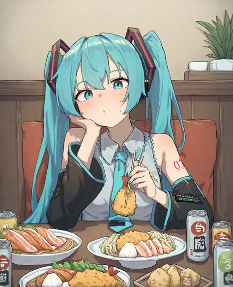  1 girl,  Hatsune Miku,  vocaloid , blue eyes,   blue hair , bowl, can, chopsticks, collared  shirt,   Detached Sleeve,  eats,   elbow rest,  \(Food\), Food,  holding,  holding chopsticks, Katsudon \(Food\),  long hair,   Long Sleeve  ,  is staring at the ...