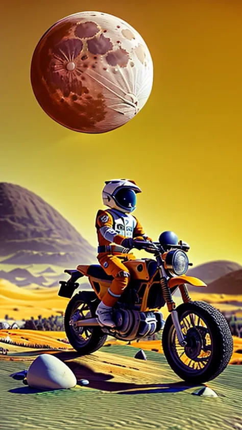  Boy riding an orange and white motorcycle ,  tile wheels  ,   orange dress  , white helmet  ,  purple giant moon background  ,  white pebbles  , desert landscape ,  hills in the distance 