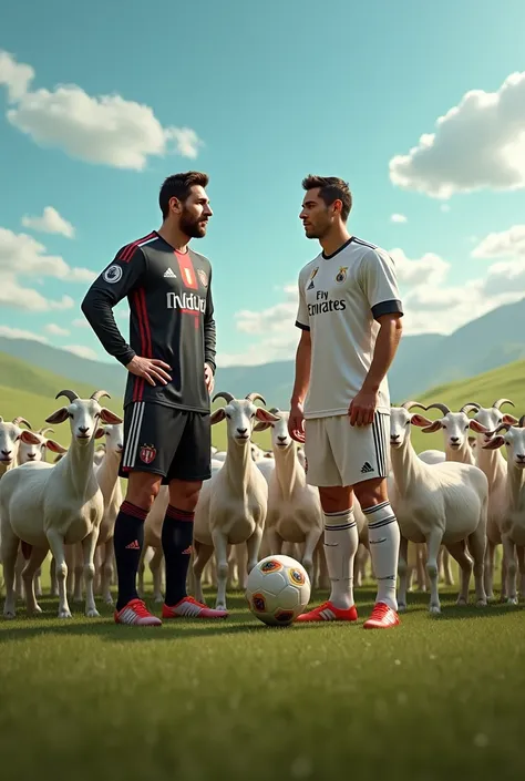 Lionel Messi and Cristiano Ronaldo surrounded by goats