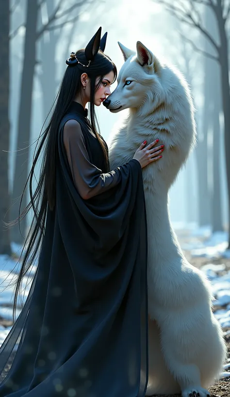 İnce,, transparent black hanfu dress with long black hair, pale skin, wolf ears ,  red lipstick,  standing on the ground with a big white wolf next to her (eyes are blue), mysterious art ,  fantasy art ,  epic digital painting , realistic painting ,  photo...