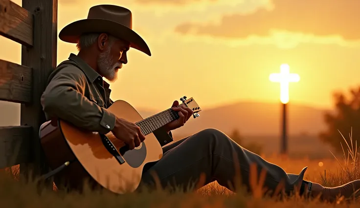 "A hyper-realistic, cinematic image of a cowboy sitting on the grass, leaning against a wooden fence, playing an acoustic guitar. The golden sepia tones create a nostalgic and spiritual atmosphere. He wears a wide-brimmed cowboy hat that casts a shadow ove...