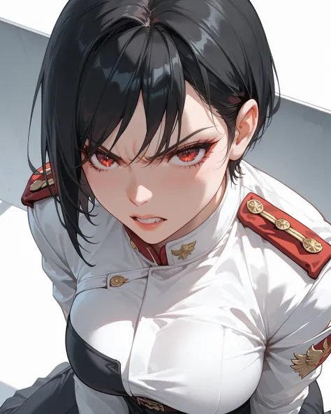 
"Anime of a captured female military general with an angry expression. She has a curvy, busty, and voluptuous body. She is kneeling. The background is an interrogation room. Her hands are tied.

She has very short black hair that gives her a sharp, no-non...