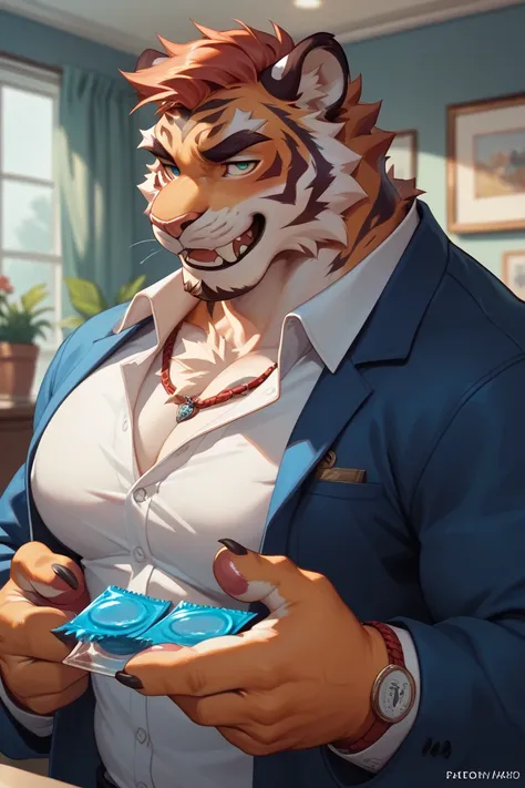 Furry male tiger who has a huge chest with big boobs holding a pack of condoms in his mouth