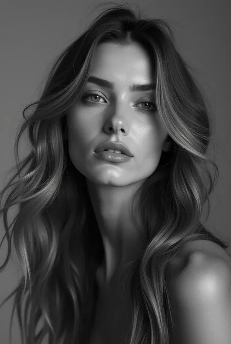  Create a beautiful European woman with long hair in a full-length photo shoot,  black and white photo ,  extremely realistic,  masterpiece 