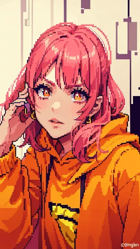 arafed woman with pink hair and orange hoodie holding a cell phone, pink and orange, wearing a pink hoodie, looks like a mix of grimes, orange hair, she looks like a mix of grimes, with pink hair, looks a blend of grimes, jossi of blackpink, bright orange ...