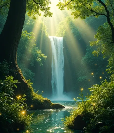 "A magical forest with a hidden waterfall, glowing fireflies, and soft golden sunlight filtering through dense green foliage, creating a dreamlike atmosphere."
