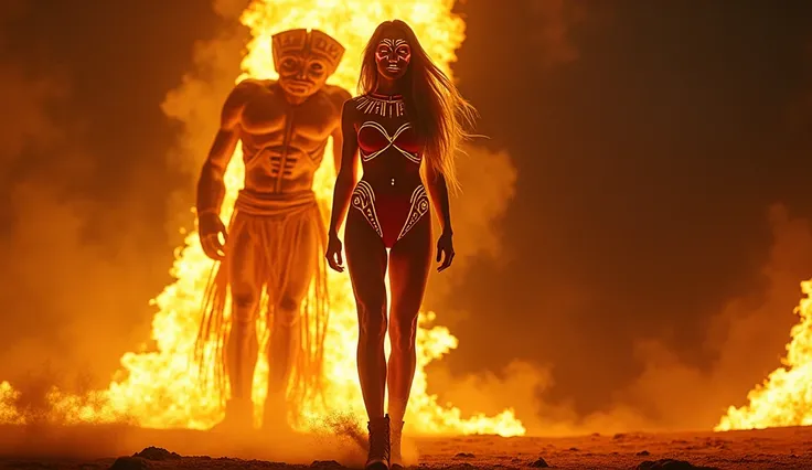 tall blonde woman with glowing tribal face paint, standing next to a massive wooden effigy engulfed in flames, her neon bodysuit reflecting the firelight. Dust swirls around her boots. --q 2