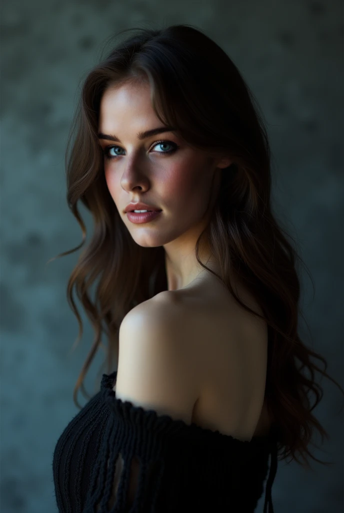 A photorealistic portrait of a young woman with long, wavy dark brown hair and soft facial features. She is looking over her shoulder with a calm and reflective expression. She is wearing a textured black off-the-shoulder garment that contrasts with her pa...