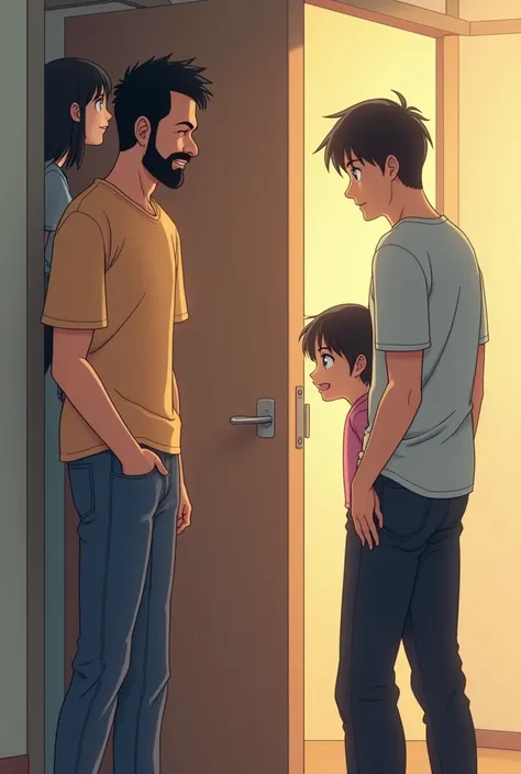 Family 
Two grown men, both with amused expressions, are standing in front of a door, one slightly taller than the other. Their curious eyes are focused on the opposite flat, where two women, equally intrigued, have their heads poking out from behind their...