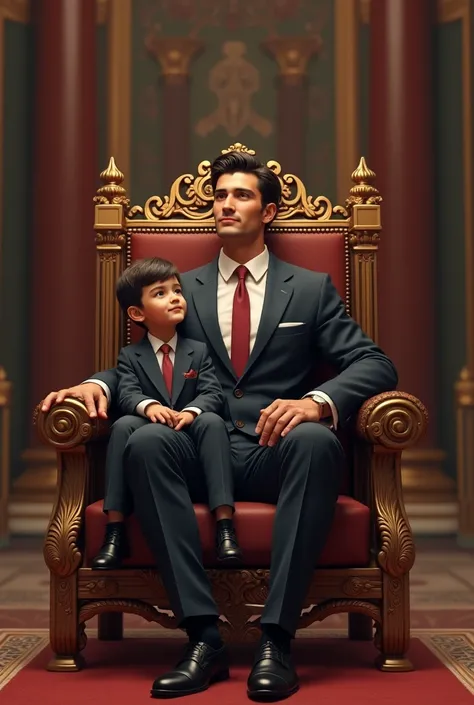 Young businessman sitting with his son on the throne 