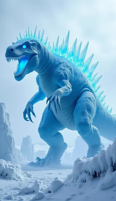 "A terrifying dinosaur-like creature entirely made of jagged, translucent ice, exuding a magical and crystalline glow. Its massive body is covered in razor-sharp ice spikes, and its scales resemble frozen shards of glass. Its glowing, icy blue eyes pierce ...