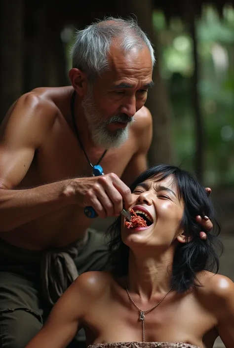 A real picture of an old Thai man cutting off the head of a young woman, picking it up and eating it.