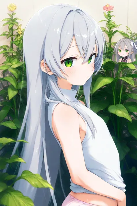 Gray Hair、bright green eyes、 gentle expression、 long hair、Fair skin、 looking at this、 profile picture、Droopy eyes、 clothes with underwear on、 surrounded by plants 、A warm place、 sleeveless shirt 