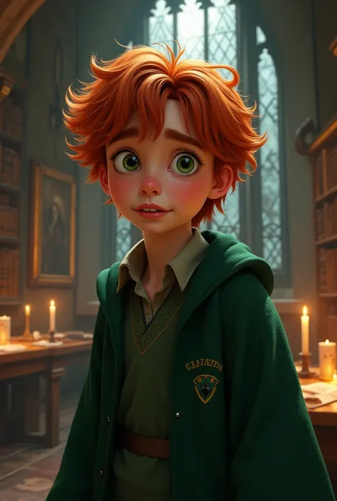 Hello, could you generate me the image of a young mage in the universe of Harry Potter in the family slyly hogwarts, this mage is color of skin metis and red hair color with an idiot look on his face 