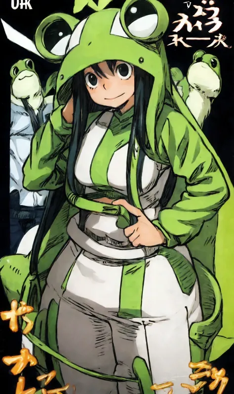 Vivid frog girl, Wakfu style manga,, Concept art,   Details,  top quality,  white background, 32K uhd, (frog costume:1.5),Lived _ Tsuyu, black hair,  chibi