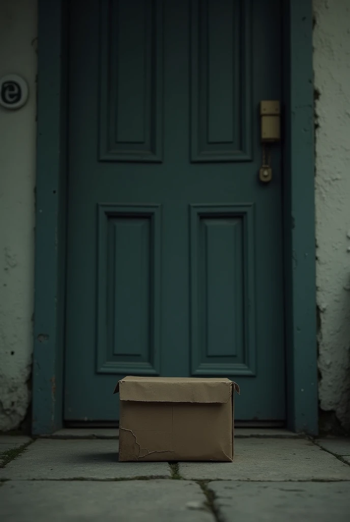 make a sad picture with a shoebox in front of a door like a delivery