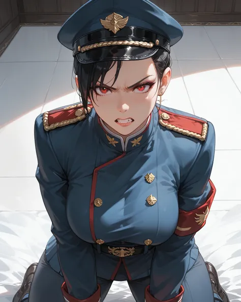 
"Anime of a captured female military general with an angry expression. She has a curvy, busty, and voluptuous body. She is kneeling. The background is an interrogation room. Her hands are tied.

She has very short black hair that gives her a sharp, no-non...