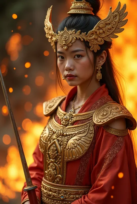 a close up of a person in a costume with a sword, appears as the fire goddess, extremely detailed goddess shot, sukhothai costume, she is dressed in shaman clothes, the sailor galaxia. beautiful, wearing gold armor, aztec warrior goddess, wearing golden ar...