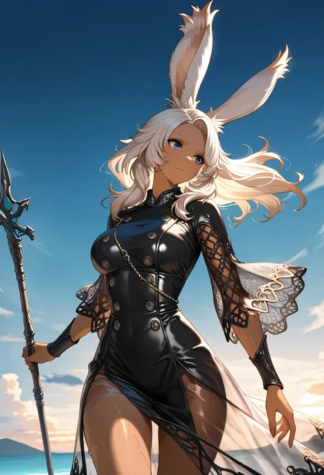 (((( Masterpiece)))), (((( top quality)))),  high resolution,fine grain, detailed face,  wet,Viera,transparent dress, dress ,  action, big breasted with a cross eye