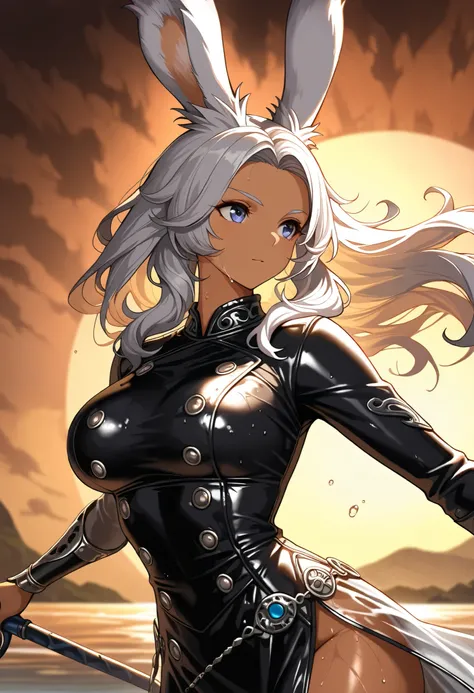 (((( Masterpiece)))), (((( top quality)))),  high resolution,fine grain, detailed face,  wet,Viera,transparent dress, dress ,  action, big breasted with a cross eye