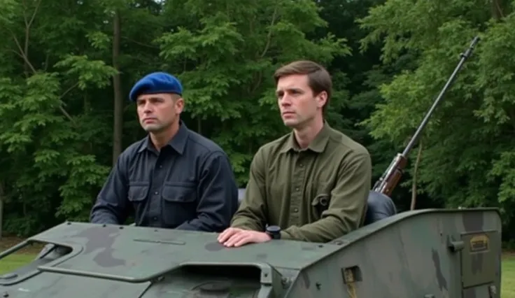 Image depicts two individuals seated on a military vehicle in an outdoor setting with dense greenery in the background. The person on the left is wearing a blue beret and a dark uniform, while the person on the right is dressed in a green military uniform ...