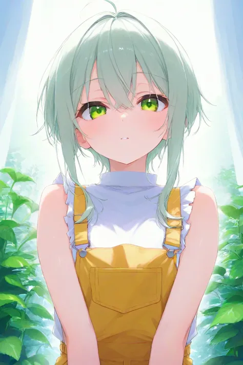  long gray hair 。bright yellowish green eyes。 gentle expression。Fair skin。 looking at this。Droopy eyes。Wearing a sleeveless shirt。 surrounded by plants 。Overall yellow image。