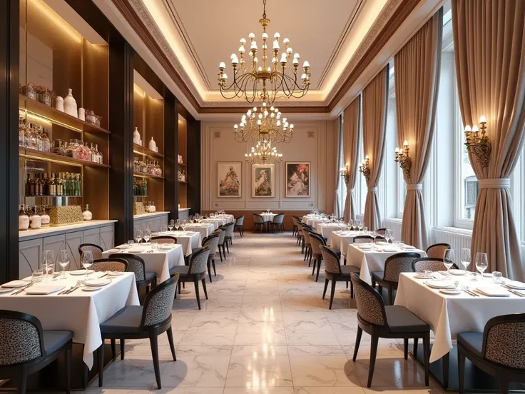 generate the restaurant of the Dior's hotel located in Paris while keeping those specifics in mind "*Distinctive Features:** - **Interior Design:** Soft pastel tones (blush pink, dove gray, ivory) combined with bold contrasts (navy, black, gold accents) to...