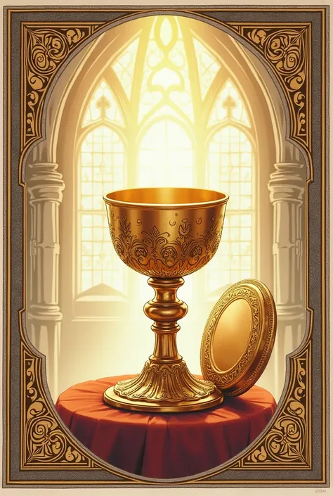 chalice and host poster with the background of something holy but its a drawing
