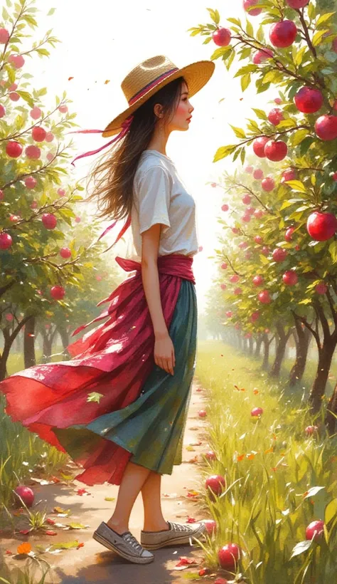 Create watercolour splash art style.  A "side view" of a beautiful girl. Walking in an apple orchard. Wearing a straw hat with a ribbon around it, a long blouse, and converse shoes. An attractive apple orchard with lots of apples. A beautiful scenic atmosp...