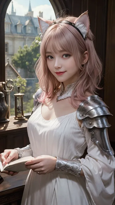  cheerful girl,(pink color bob hair),(red eyes), cat ears, animal ears, (medieval fantasy ),(wearing Gorges white neat and clean dress armor  and silver and glass accessories on her head 1.5),(spell book in her hand),(smile 1.2),(( mansion master's room ba...