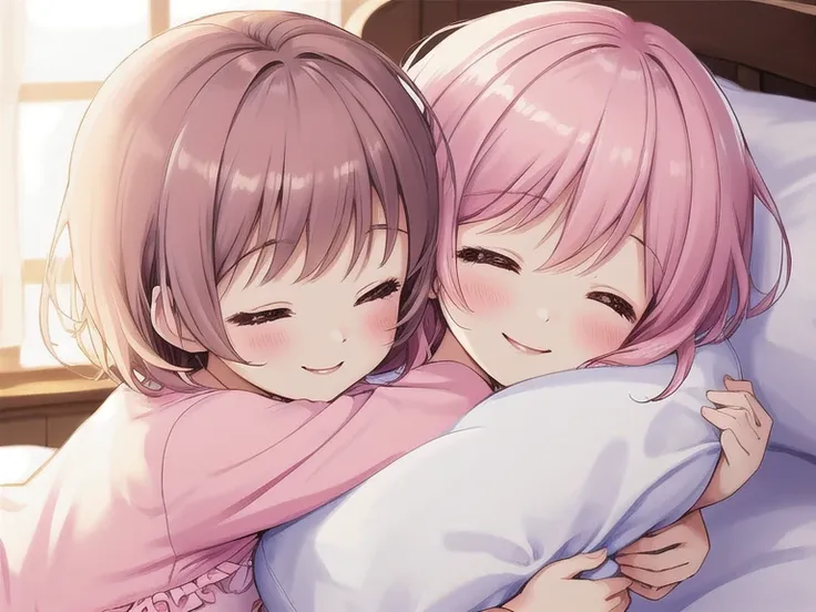 Top quality, high resolution, detailed, beautiful picture quality, one girl, cute pale pink pajamas with frills, short hair, lolicon feeling, smiling face, hugging a white pillow, sleeping in bed, cute design with pink as the main theme, sweet and dreamy a...