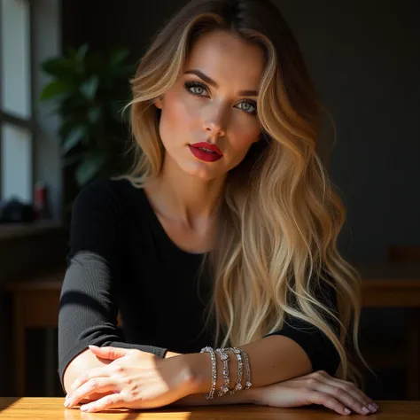 A beautiful 1 woman wears a black top and has long hair and she wears red lipstick and black eyeliner and she has Bold hair and blue  eyes and her arms are very hairy with Blond   hair and her nails are done and she puts them on the table, The hair is clea...