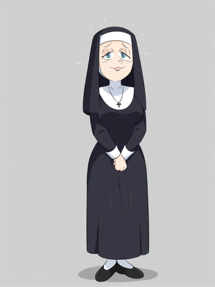 vscore_9, score_8_up, score_7_up, score_6_up, score_5_up, score_4_up, 2d, anime, anime artstyle, flat coloring, thick lines, full body shown, jinustyle, 1girl, solo, nun outfit, round face, round chin,older woman, adult, 