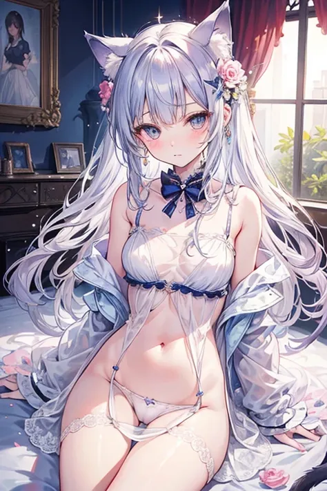 One person　 cute　 long　 don't wear pants 　Underwear that looks like a thin, transparent dress　 in a royal bedroom 　 has an embarrassed expression 　Teary-eyed　 cat ears and tail 　Pretty, beautiful face like a flower　 cute　